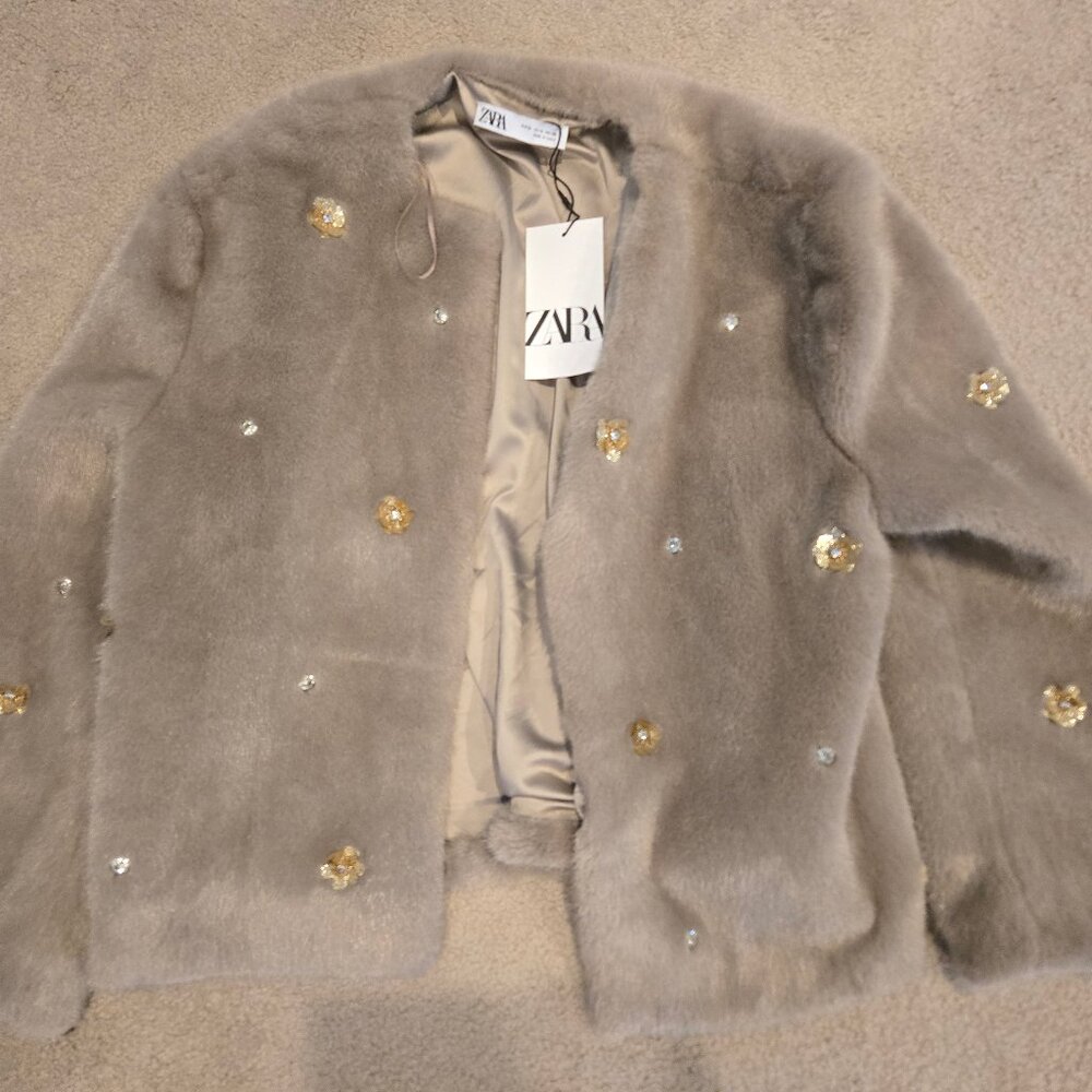 Zara NWT Sequin Embellished Fur Coat M